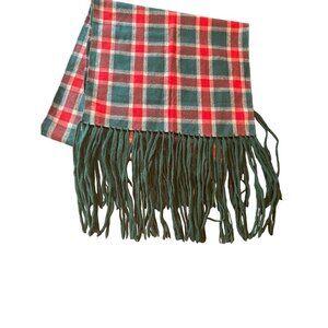 Green Red Wool Plaid Long Fringe Scarf Wrap